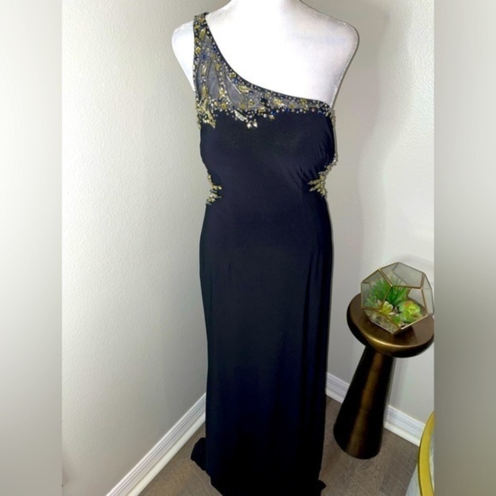 Betsy & Adam Black One Shoulder Sequence Gown
